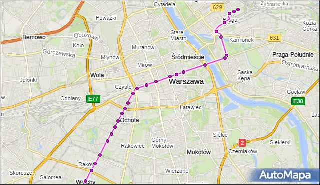 Mapa Polski Targeo, Tramwaj 7 - trasa KAWĘCZYŃSKA-BAZYLIKA - OKĘCIE. ZTM Warszawa na mapie Targeo