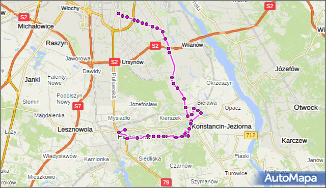 Mapa Polski Targeo, Autobus 710 - trasa METRO WILANOWSKA - POLKOLOR PS. ZTM Warszawa na mapie Targeo