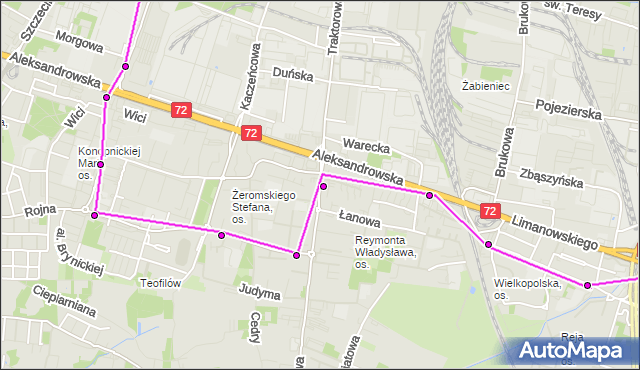 Mapa Polski Targeo, Autobus 96 - trasa - zajezdnia LIMANOWSKIEGO. MPKLodz na mapie Targeo