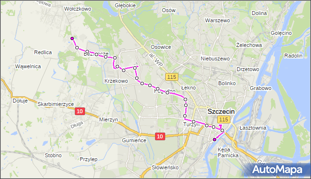 Mapa Polski Targeo, Autobus 527 - trasa - Dworzec Główny. ZDiTM Szczecin na mapie Targeo