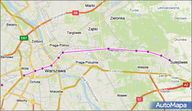 Mapa Polski Targeo, Autobus S2 - trasa SULEJÓWEK MIŁOSNA SL - PRUSZKÓW PR. ZTM Warszawa na mapie Targeo