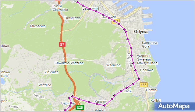 Mapa Polski Targeo, Autobus 27 - trasa Starochwaszczyńska - Cisowa SKM. ZKMGdynia na mapie Targeo