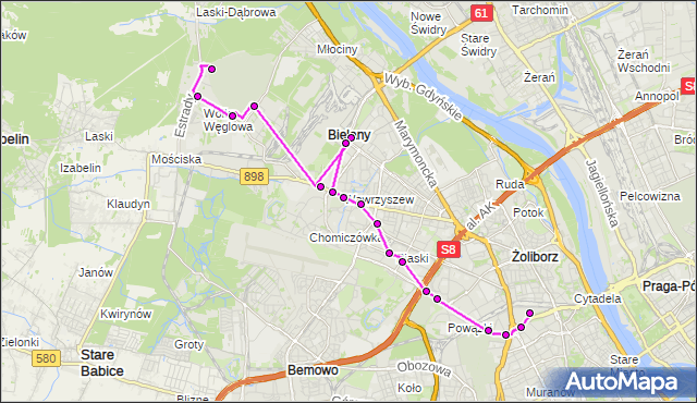 Mapa Polski Targeo, Autobus 409 - trasa CM.PÓŁNOCNY-BRAMA ZACH. - CH ARKADIA. ZTM Warszawa na mapie Targeo