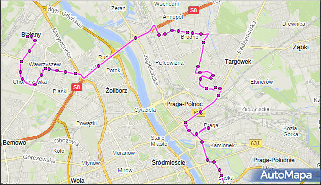 Mapa Polski Targeo, Autobus N02 - trasa GOCŁAW - METRO MŁOCINY. ZTM Warszawa na mapie Targeo