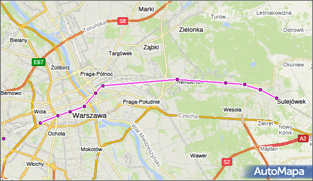 Mapa Polski Targeo, Autobus S2 - trasa PRUSZKÓW PR - SULEJÓWEK MIŁOSNA SL. ZTM Warszawa na mapie Targeo