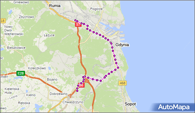 Mapa Polski Targeo, Autobus 27 - trasa Piaskowa - Kacze Buki. ZKMGdynia na mapie Targeo