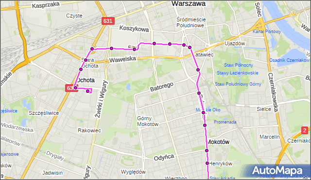 Mapa Polski Targeo, Tramwaj 14 - trasa METRO WILANOWSKA - BANACHA. ZTM Warszawa na mapie Targeo