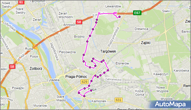 Mapa Polski Targeo, Autobus 140 - trasa CH MARKI MK - DW.WSCHODNI (KIJOWSKA). ZTM Warszawa na mapie Targeo