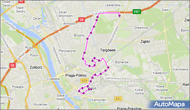 Mapa Polski Targeo, Autobus 140 - trasa DW.WSCHODNI (KIJOWSKA) - CH MARKI MK. ZTM Warszawa na mapie Targeo