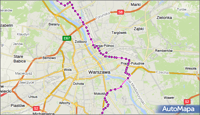 Mapa Polski Targeo, Autobus N03 - trasa URSYNÓW PŁN. - NOWODWORY. ZTM Warszawa na mapie Targeo