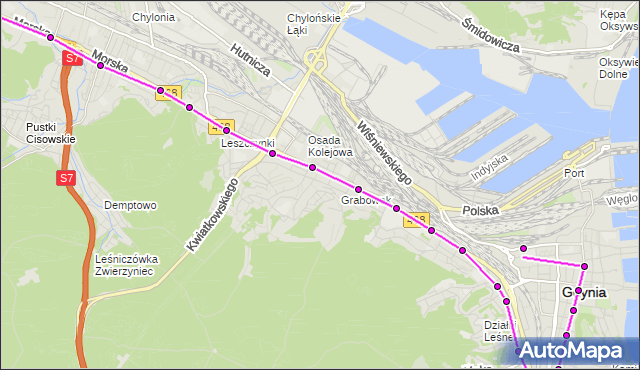 Mapa Polski Targeo, Autobus 30 - trasa Gdynia Dworzec Gł. PKP - Hala - Cisowa Sibeliusa. ZKMGdynia na mapie Targeo