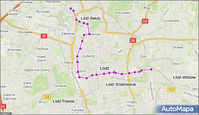 Mapa Polski Targeo, Autobus 73 - trasa - 11 Listopada. MPKLodz na mapie Targeo