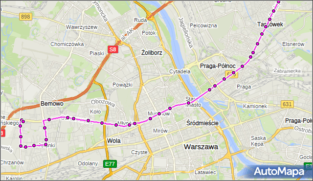 Mapa Polski Targeo, Autobus 190 - trasa CH MARKI MK - OS.GÓRCZEWSKA. ZTM Warszawa na mapie Targeo