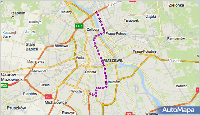 Mapa Polski Targeo, Tramwaj 18 - trasa SŁUŻEWIEC - ŻERAŃ FSO. ZTM Warszawa na mapie Targeo