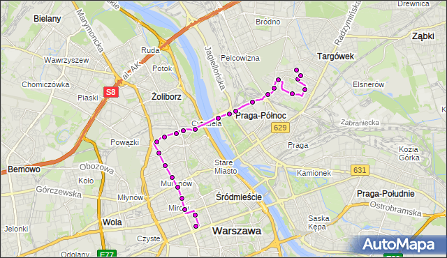 Mapa Polski Targeo, Autobus N12 - trasa DW.CENTRALNY - TARGÓWEK. ZTM Warszawa na mapie Targeo