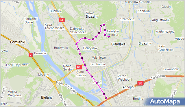 Mapa Polski Targeo, Autobus 152 - trasa BIAŁOŁĘKA DWORSKA - ŻERAŃ FSO. ZTM Warszawa na mapie Targeo