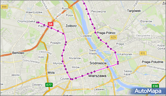 Mapa Polski Targeo, Tramwaj 22 - trasa PIASKI - ŻERAŃ FSO. ZTM Warszawa na mapie Targeo
