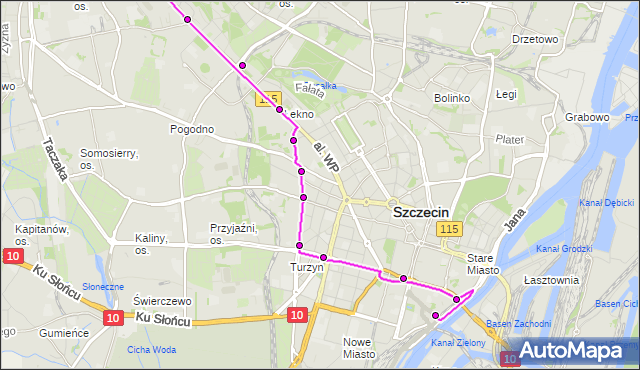 Mapa Polski Targeo, Tramwaj 8 - trasa Zajezdnia Pogodno - Dworcowa. ZDiTM Szczecin na mapie Targeo
