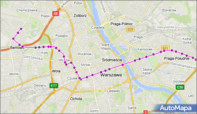 Mapa Polski Targeo, Tramwaj 24 - trasa GOCŁAWEK - NOWE BEMOWO. ZTM Warszawa na mapie Targeo