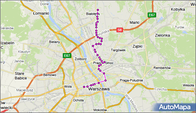 Mapa Polski Targeo, Autobus N14 - trasa BRZEZINY - DW.CENTRALNY. ZTM Warszawa na mapie Targeo