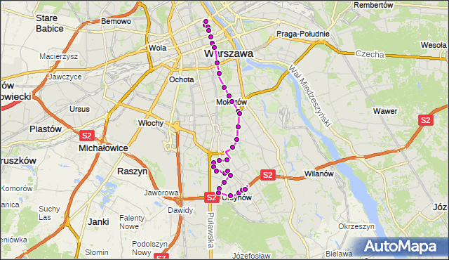 Mapa Polski Targeo, Autobus 195 - trasa PL.PIŁSUDSKIEGO - NATOLIN PŁN.. ZTM Warszawa na mapie Targeo