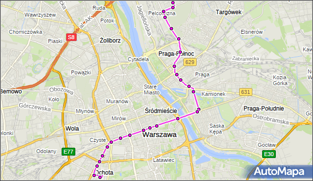 Mapa Polski Targeo, Tramwaj 25 - trasa ANNOPOL - BANACHA. ZTM Warszawa na mapie Targeo