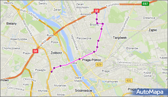 Mapa Polski Targeo, Autobus 500 - trasa BRÓDNO-PODGRODZIE - RONDO 
