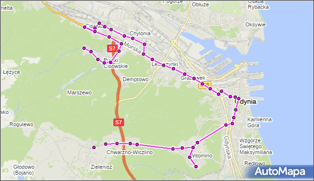 Mapa Polski Targeo, Autobus N20 - trasa Sokoła - Pustki Cisowskie. ZKMGdynia na mapie Targeo