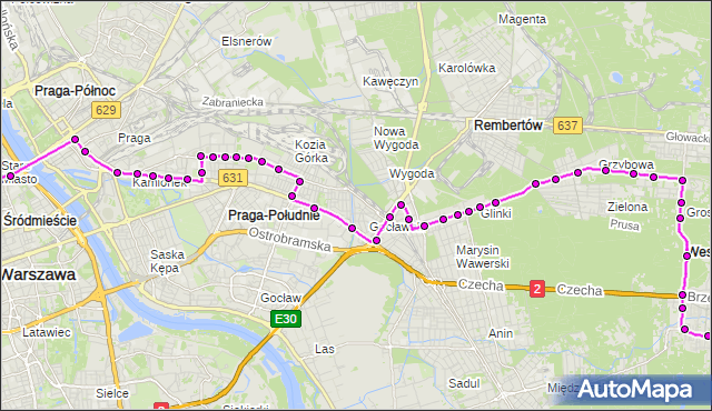 Mapa Polski Targeo, Autobus N21 - trasa DW.CENTRALNY - STARA MIŁOSNA. ZTM Warszawa na mapie Targeo