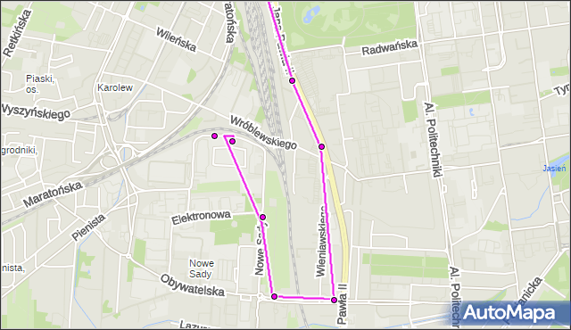 Mapa Polski Targeo, Autobus 52 - trasa Dworzec Łódź - Kaliska - zajezdnia NOWE SADY. MPKLodz na mapie Targeo