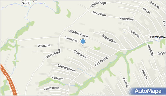 Pietrzykowice gmina Łodygowice, Akacjowa, mapa Pietrzykowice gmina Łodygowice