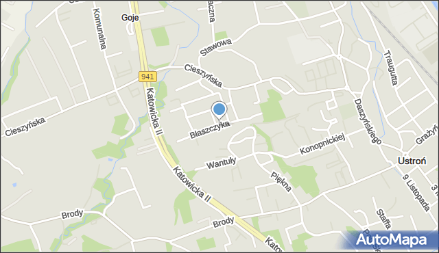 Ustroń powiat cieszyński, Błaszczyka Jana, mapa Ustroń powiat cieszyński