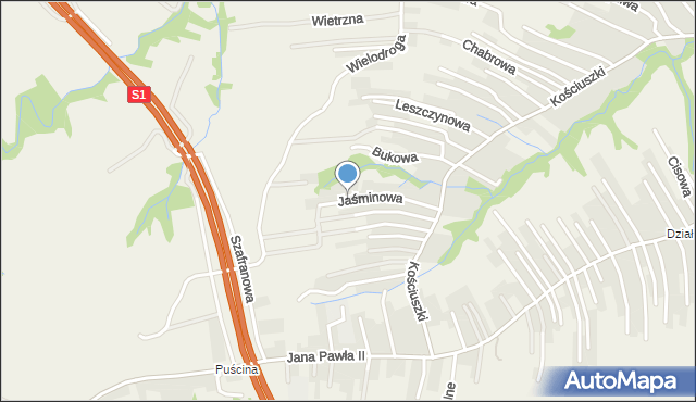 Pietrzykowice gmina Łodygowice, Jaśminowa, mapa Pietrzykowice gmina Łodygowice