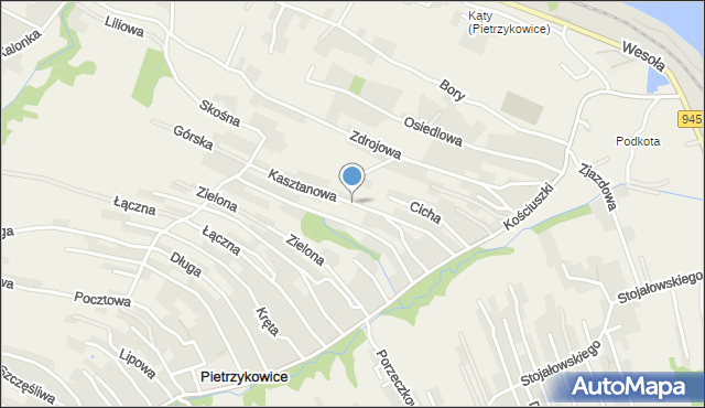 Pietrzykowice gmina Łodygowice, Kasztanowa, mapa Pietrzykowice gmina Łodygowice