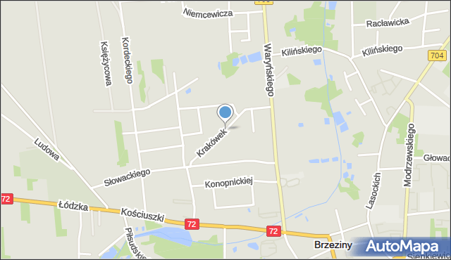 Brzeziny, Krakówek, mapa Brzeziny