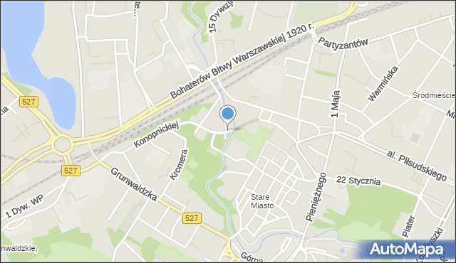 Olsztyn, Most Młyński, mapa Olsztyna