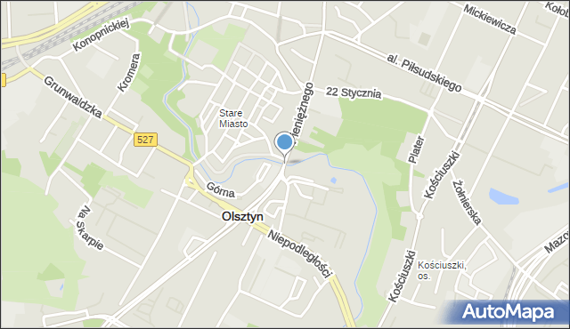 Olsztyn, Most św. Jakuba, mapa Olsztyna