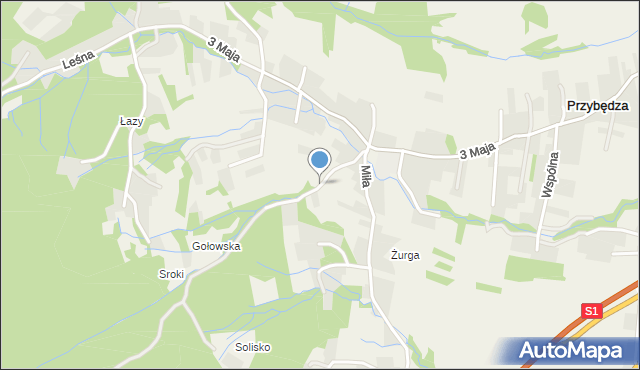 Przybędza, Modrzewiowa, mapa Przybędza